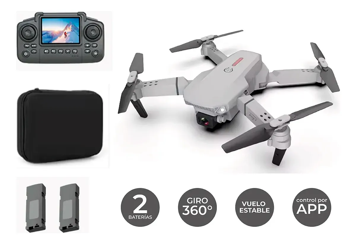 Drone Carrello E88 Pro Plegable con Cámara 480p y Control Remoto con Pantalla, Gris