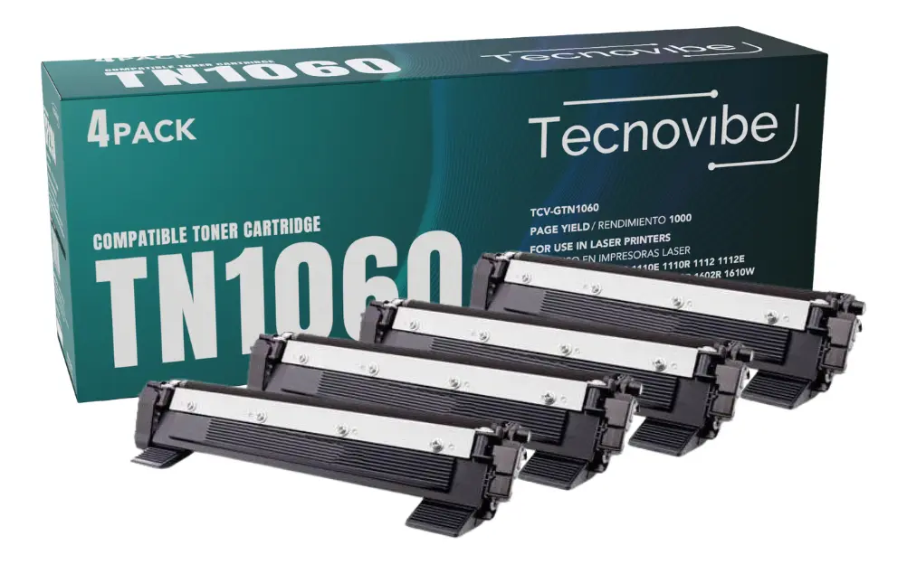 Pack De 4 Toner Alternativo Tecnovibe Tn1060 Para Brother Hl1110 Hl1112 Hl1200 Hl1212w Dcp1512 Dcp1617nw