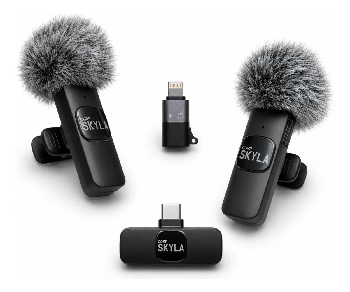 Micrófono Inalámbrico Corbatero X2 Para Celular Corp Skyla - Cubreviento Receptor Usb-c Y Adaptador Lightning Color Negro