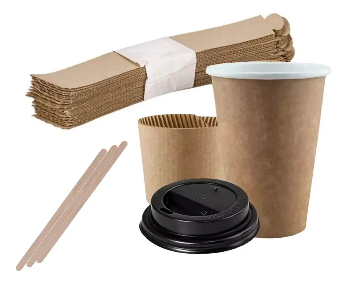 100 | Vaso Polipapel Kraft 8oz Con Tapa, Collarin Y Agitador Kraft