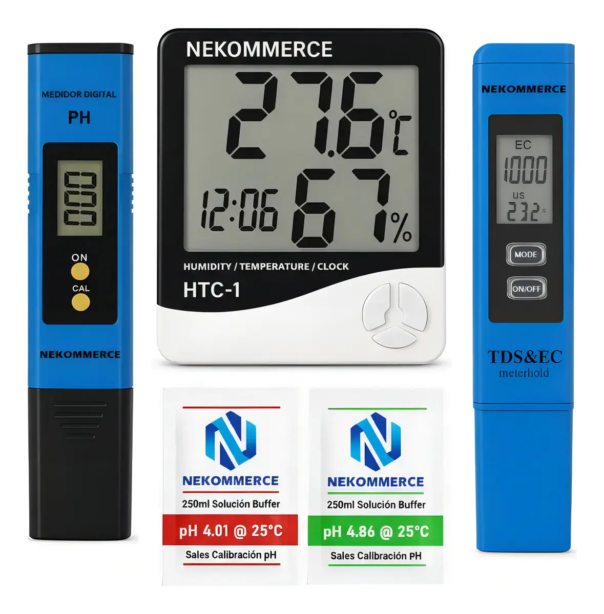 Kit Medidor de PH Autocalibrable + EC/TDS + Termohigrómetro Digital HTC1 NEKOMMERCE