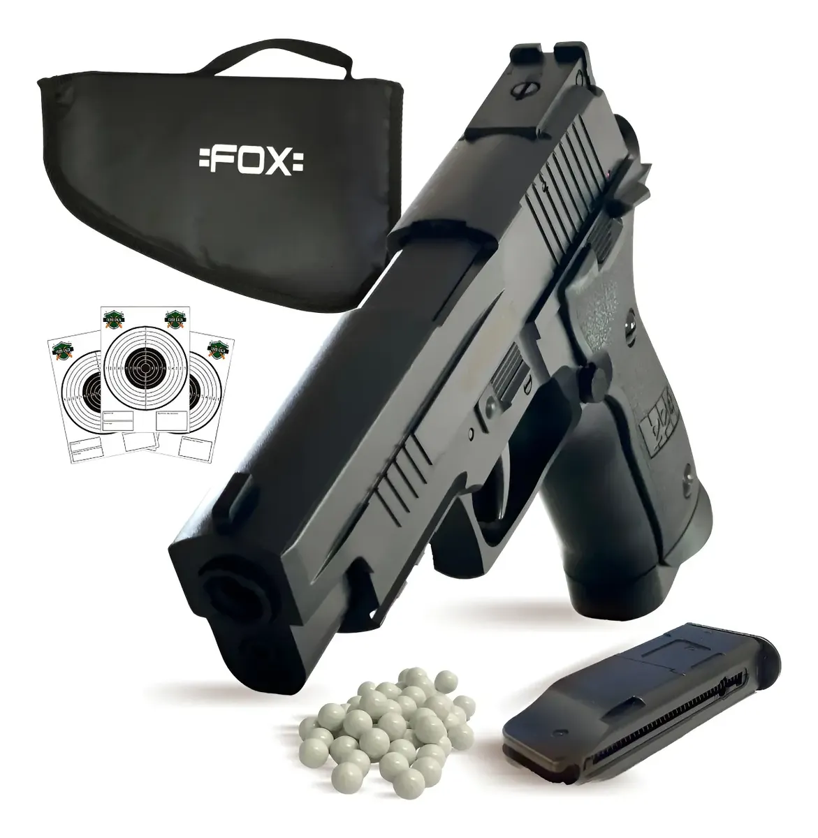 Pistola Fox Resorte P226 Balines Airsoft Funda Blancos. Negro 6 Mm