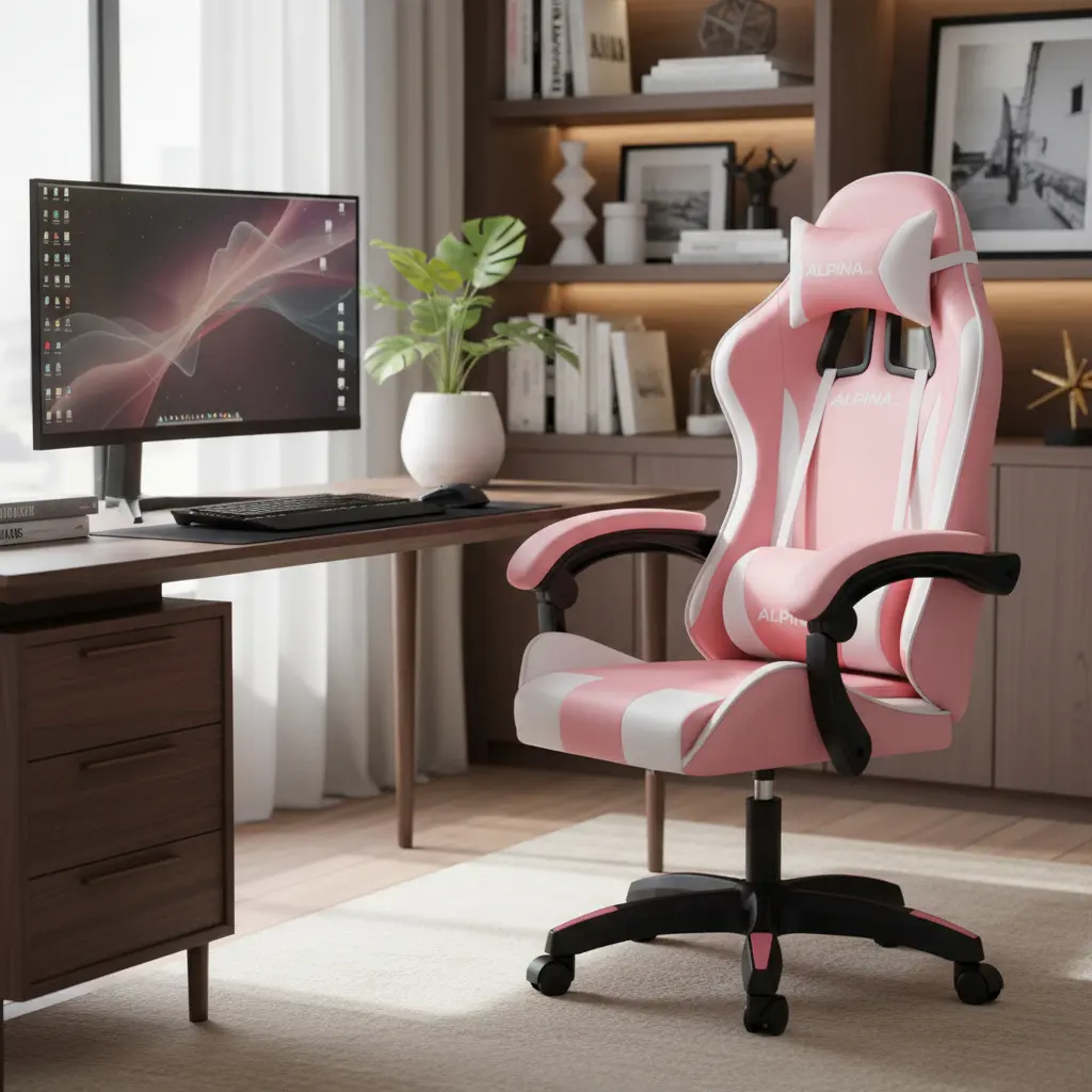 Silla Gamer Alpina Ergonómica Giratoria Reclinable Ft-088 Rosa/blanco