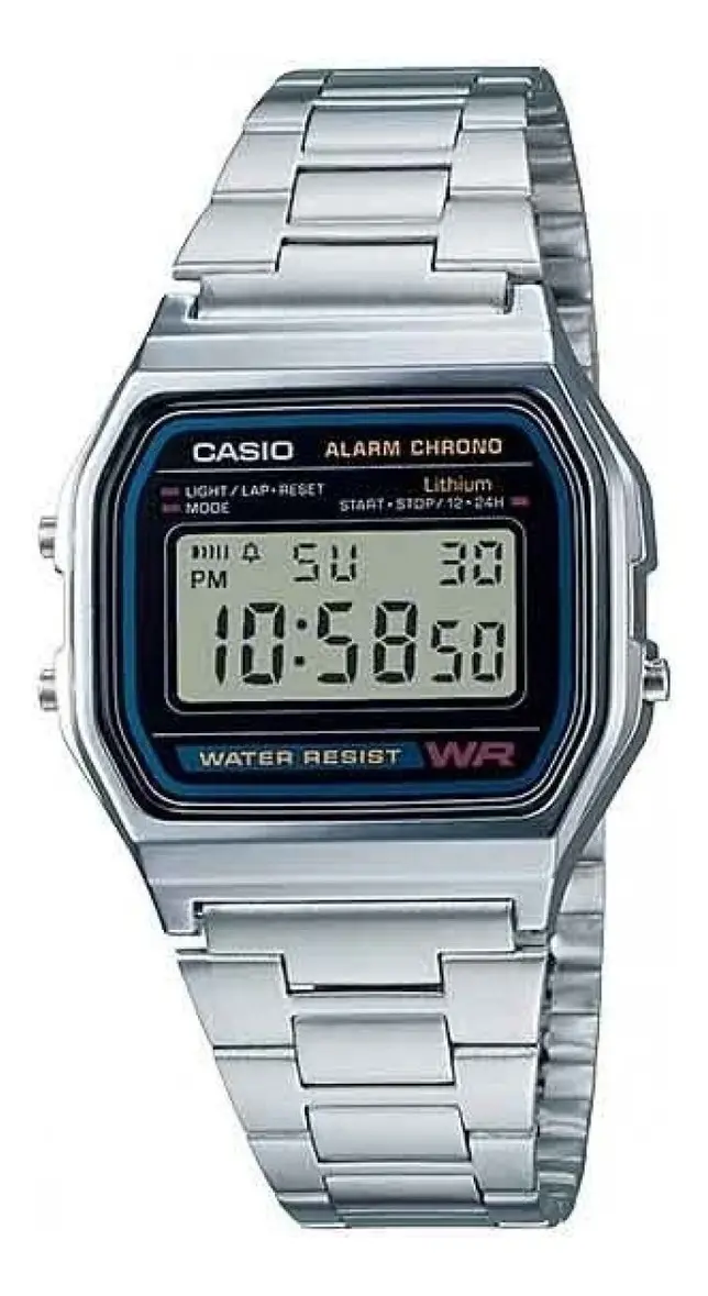 Reloj Casio Vintage A158WA-1DF digital plateado con cronógrafo y calendario