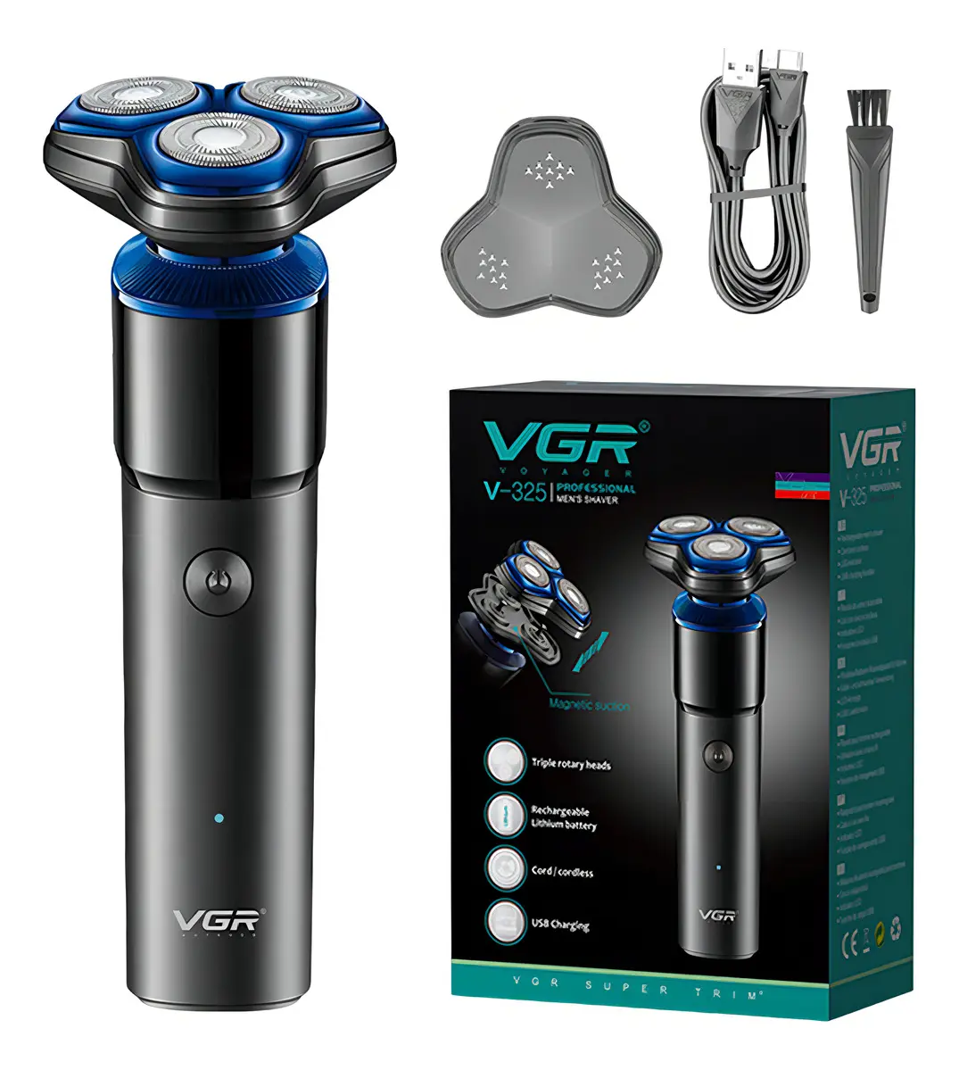 Afeitadora Eléctrica Hombre Shaver VGR V-325 Recargable Inalámbrica Negro y azul