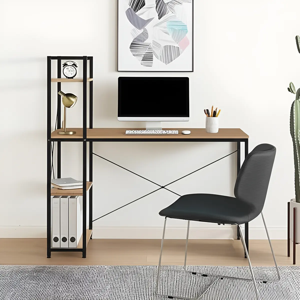 Escritorio para Oficina Diseño Industrial Relan Desk 4 Con Estantería Lateral De Madera Y Hierro 120 Cm