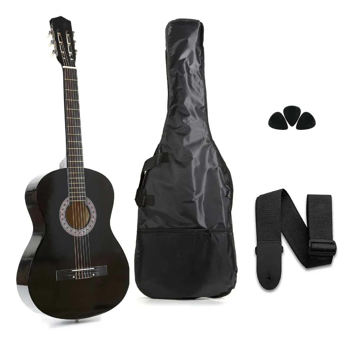 Guitarra Criolla Ambidiestro Madera Dura Cg001 Negro Funda Y Púas