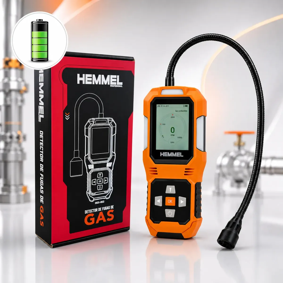 Detector de Fugas de Gas Profesional HEMMEL HGS-003 con Sonda Flexible para Metano y Propano
