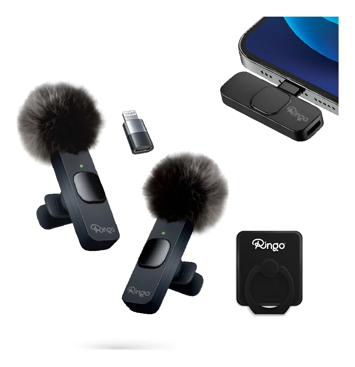 Micrófono Inalámbrico Corbatero Para Celular X2 Cubreviento Receptor Usb-c Y Adaptador Lightning Ideal Streaming Para Creadores De Contenido Influencers Color Negro