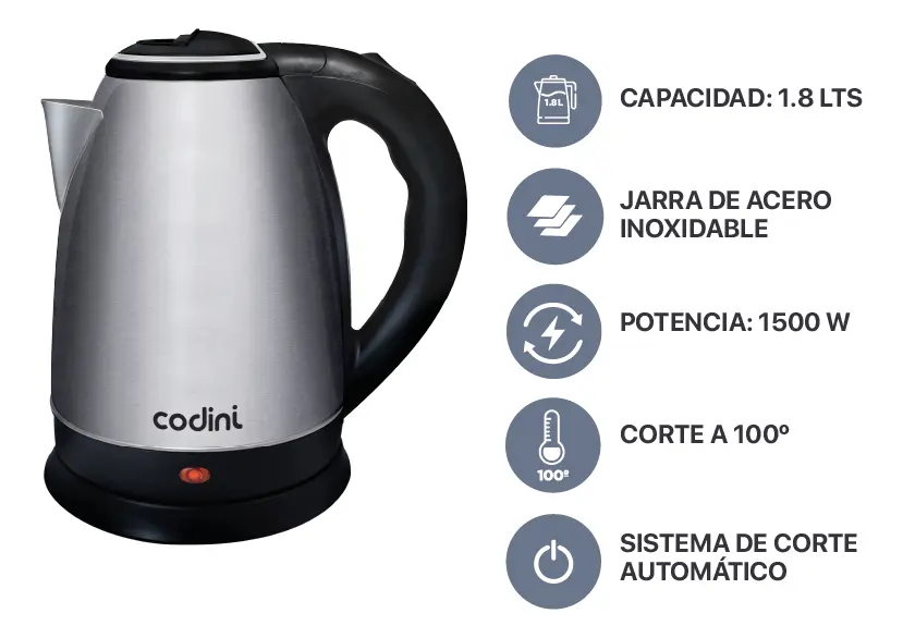 Pava Eléctrica Hervidora Acero Inoxidable 1.8 Lts Codini - P18HAN