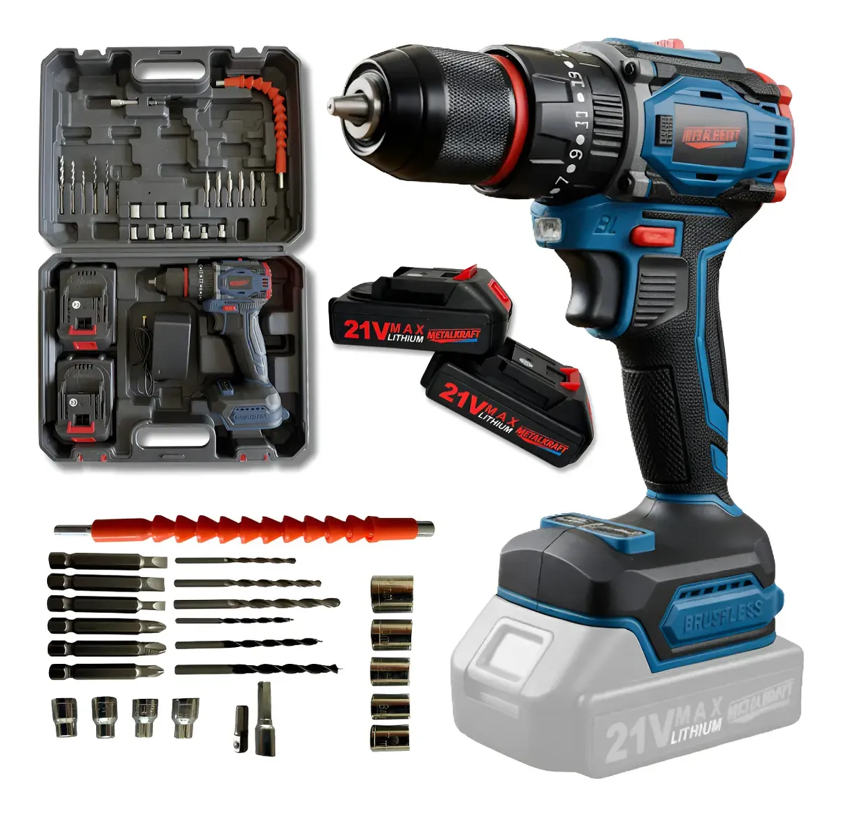 Taladro Inalámbrico Percutor Brushless Metalkraff 21v 50 Nm Azul Oscuro