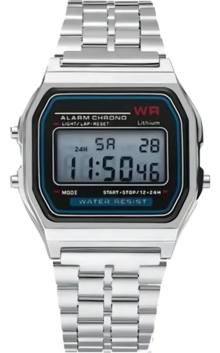 Reloj vintage digital acero luz alarma malla acero Etj vintage steel plateado
