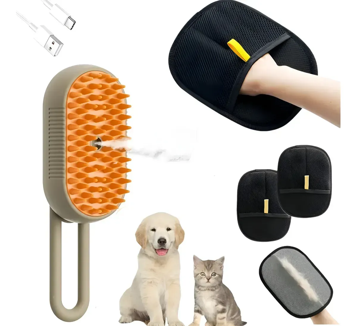 Combo Cepillo A Vapor + Guante Quita Pelos Perros Gatos Negro